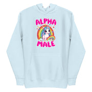 baby blue men's hoodie with 'Alpha Male' text, unicorn, and rainbow design.