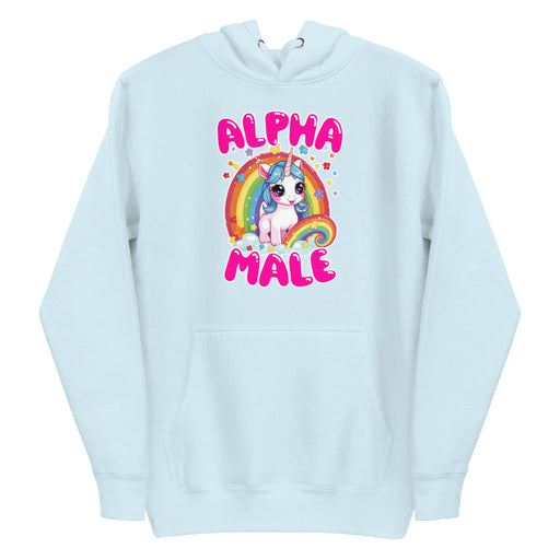 baby blue men's hoodie with 'Alpha Male' text, unicorn, and rainbow design.