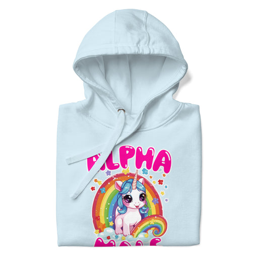 folded baby blue men's hoodie with 'Alpha Male' text, unicorn, and rainbow design.