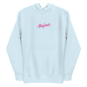 Sky blue hoodie with 'Blazed' logo in pink, adorned with stars and cannabis leaves.