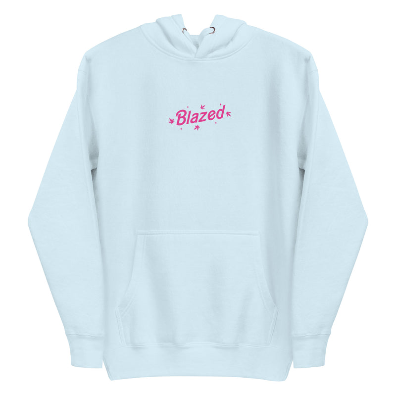 Sky blue hoodie with 'Blazed' logo in pink, adorned with stars and cannabis leaves.
