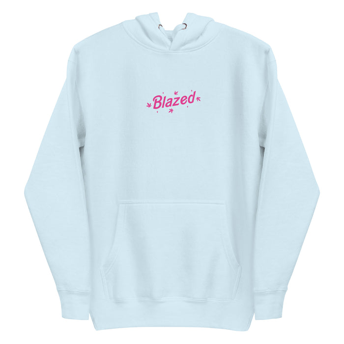 Sky blue hoodie with 'Blazed' logo in pink, adorned with stars and cannabis leaves.