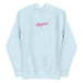 Sky blue hoodie with 'Blazed' logo in pink, adorned with stars and cannabis leaves.