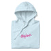 Folded sky blue hoodie with 'Blazed' logo in pink, adorned with stars and cannabis leaves.