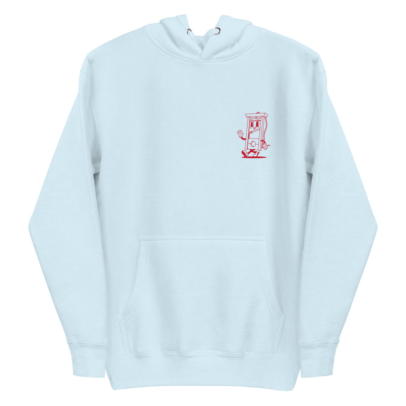 sky blue hoodie with "Modern Problems Require 18th Century Solutions" design, political (front)