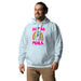 man wearing a men's hoodie with 'Alpha Male' text, unicorn, and rainbow design.