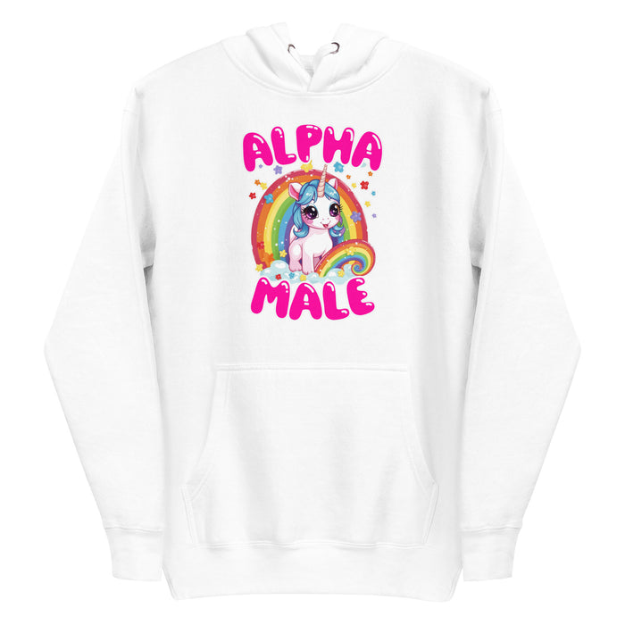 white men's hoodie with 'Alpha Male' text, unicorn, and rainbow design.