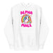 white men's hoodie with 'Alpha Male' text, unicorn, and rainbow design.