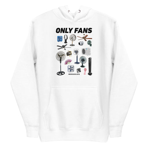 Cozy hoodie in white featuring a fun variety of fan designs and 'Only Fans' text.