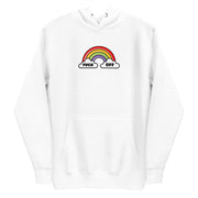 white  hoodie with vibrant rainbow graphic and 'F*ck Off' text, expressing bold attitude.