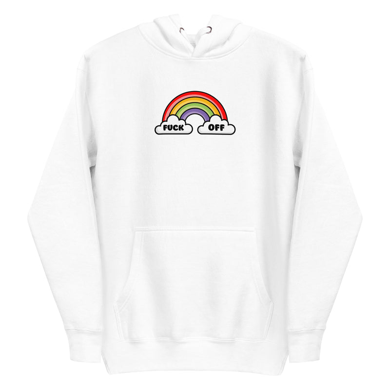 white  hoodie with vibrant rainbow graphic and 'F*ck Off' text, expressing bold attitude.