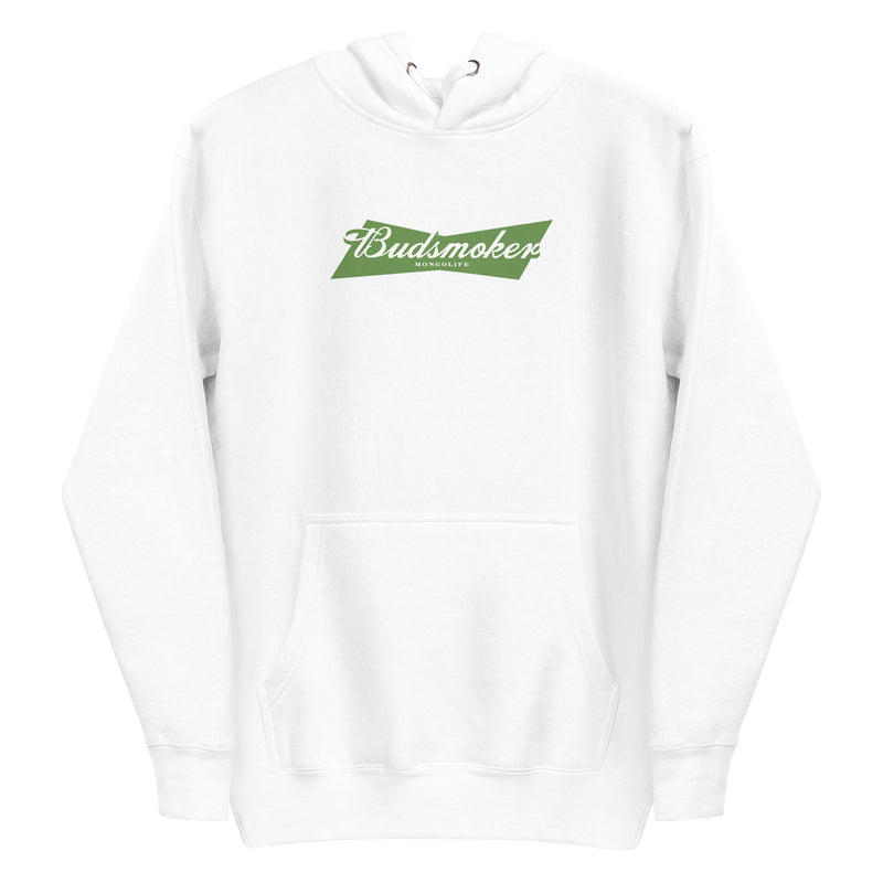 white hoodie with Budsmoker parody logo, combining beer and cannabis culture humor