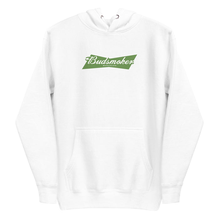 white hoodie with Budsmoker parody logo, combining beer and cannabis culture humor