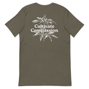 army t-shirt with "Cultivate Compassion" design, weed (back)