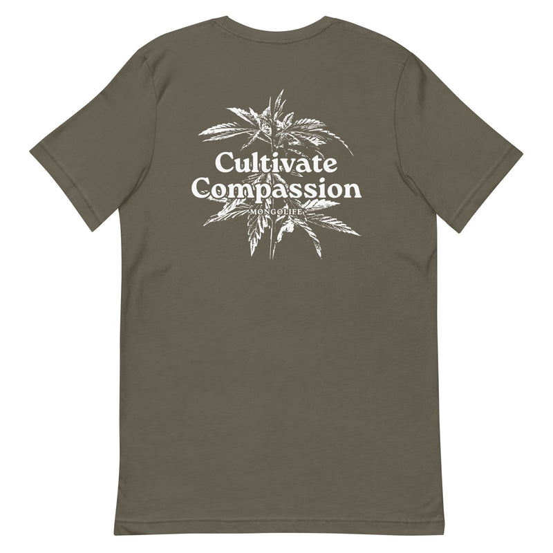 army t-shirt with "Cultivate Compassion" design, weed (back)