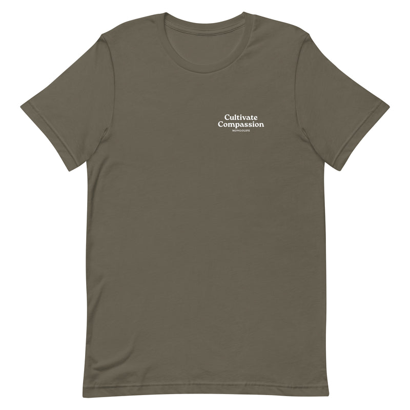 army t-shirt with "Cultivate Compassion" design, weed (front)