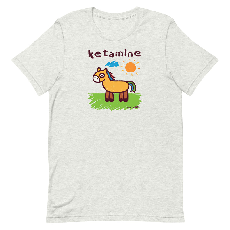 Ash color T-shirt with a cartoon horse drawing and 'ketamine' written in crayon font.