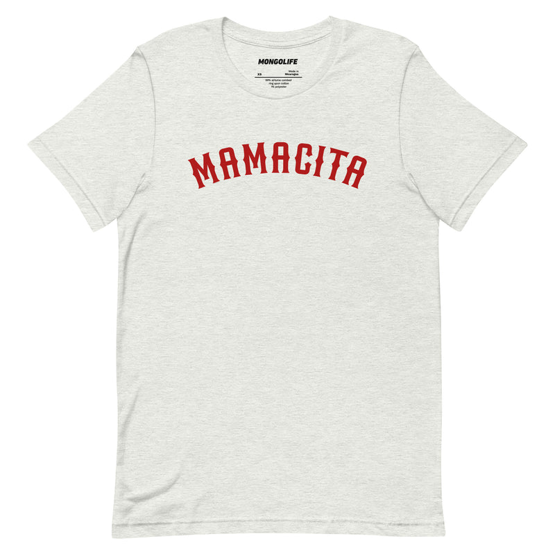 ash grey mamacita t shirt with bold red varsity lettering cute spanish statement tee