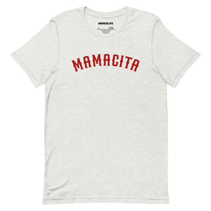 ash grey mamacita t shirt with bold red varsity lettering cute spanish statement tee