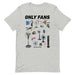 Humorous "Only Fans" t-shirt featuring various types of fans as a parody, available in heather gray.
