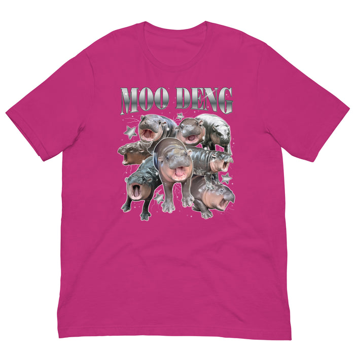 berry pink color Moo Deng Retro Bootleg T-Shirt featuring the viral pygmy hippo in a humorous, retro-themed design.