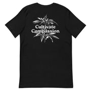 black t-shirt with "Cultivate Compassion" design, weed (back)