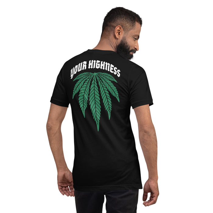 Man wearing a "Your Highness" t-shirt featuring an upside-down cannabis leaf and text.