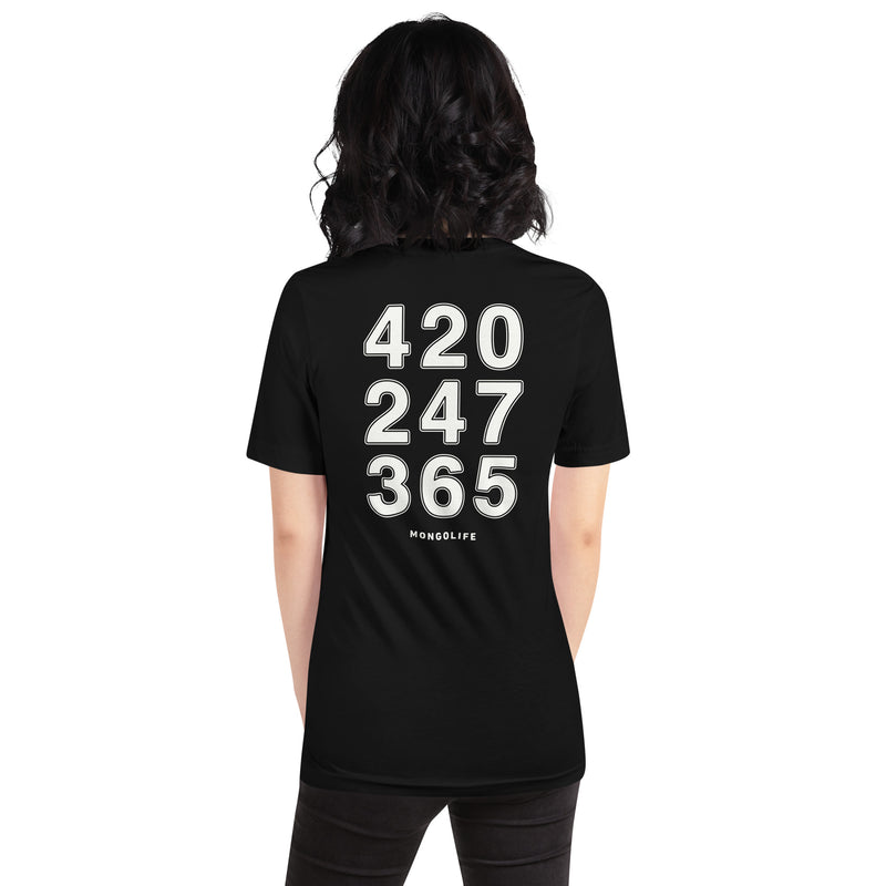 Woman wearing a black 420 247 365 t-shirt