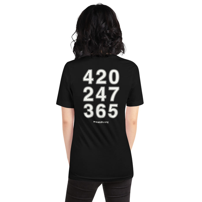 Woman wearing a black 420 247 365 t-shirt