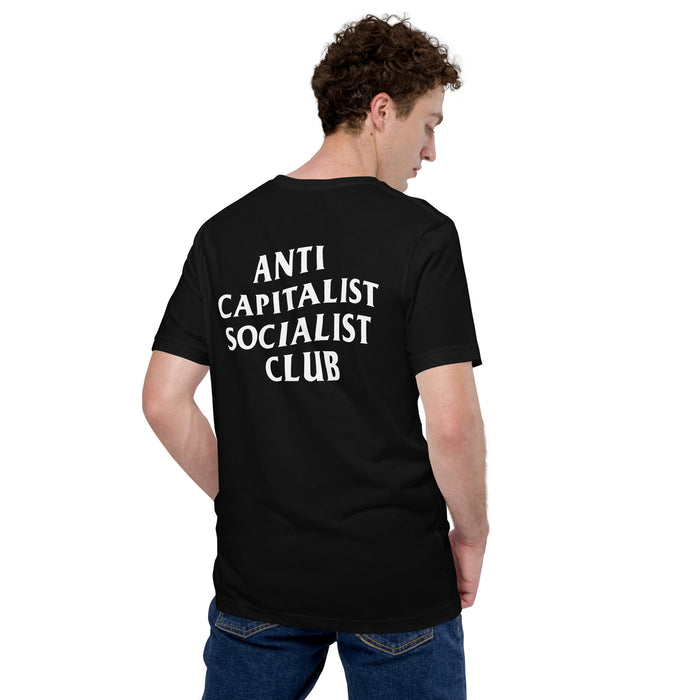 Male model wearing the black Anti-Capitalist Socialist Club T-shirt, showing the bold white back design.