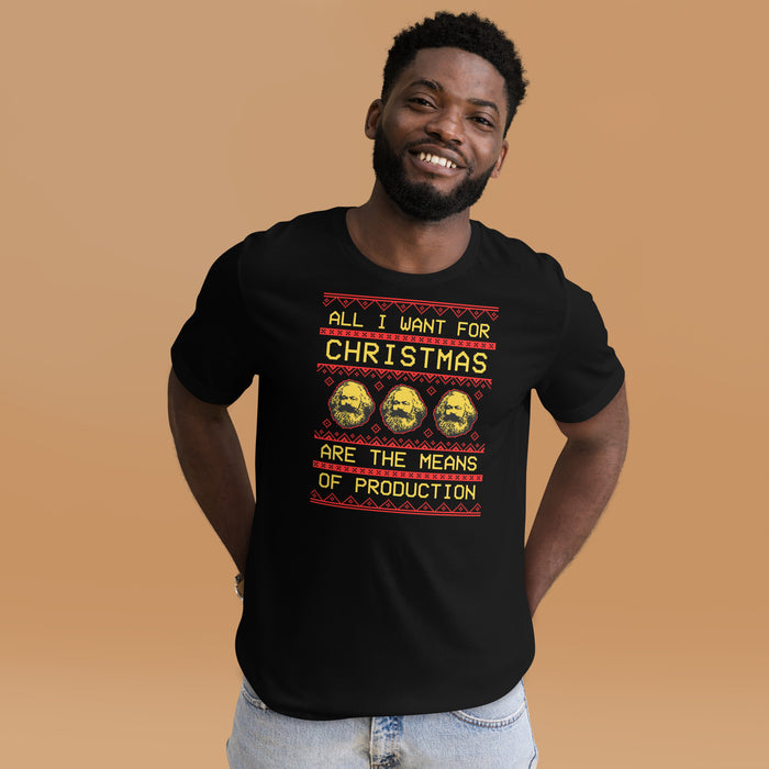 Man wearing a black t-shirt with "All I Want for Christmas Are the Means of Production" text and Karl Marx pattern, styled like a Christmas sweater.