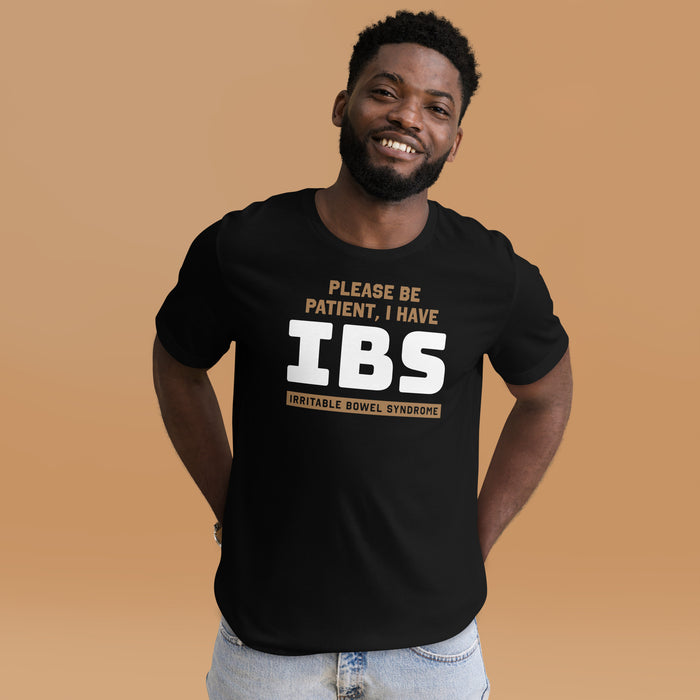 Man wearing a black Irritable Bowel Syndrome t-shirt with "Please Be Patient, I Have IBS" text.