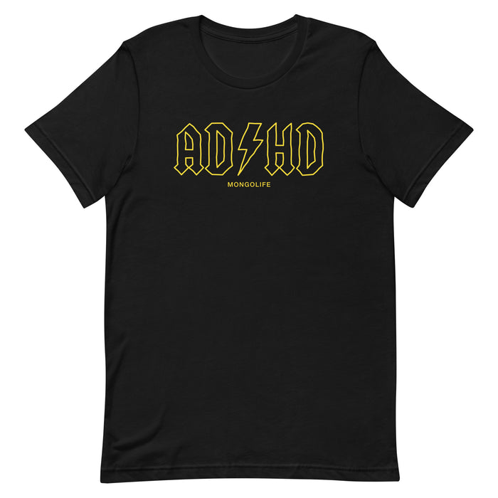 Black ADHD T-Shirt with text in a yellow, rock-inspired font