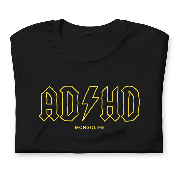 Folded Black T-Shirt "ADHD" text in a bold, rock-inspired font on a t-shirt