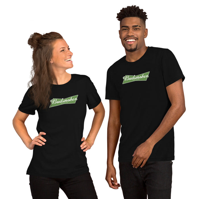 two people wearing black  t-shirt with Budsmoker parody logo, blending cannabis and beer culture humor.