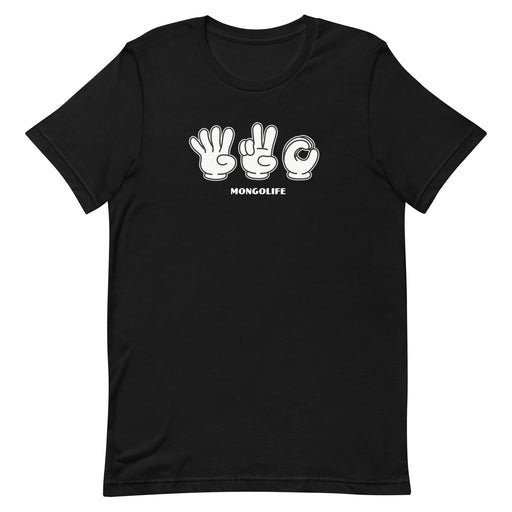 Black  T-shirt featuring 420 in sign language with cartoon-style gloved hands.