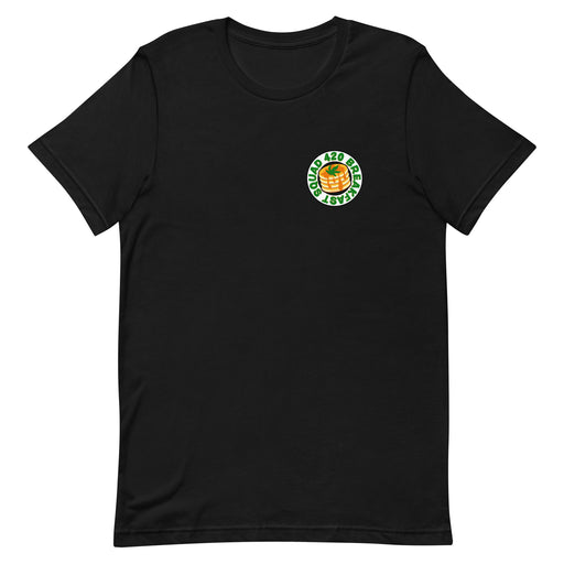 Black T-shirt with "420 Breakfast Squad" around a pancake stack and cannabis leaf design.
