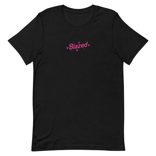 Black casual tee with 'Blazed' logo in pink, decorated with stars and cannabis leaves.