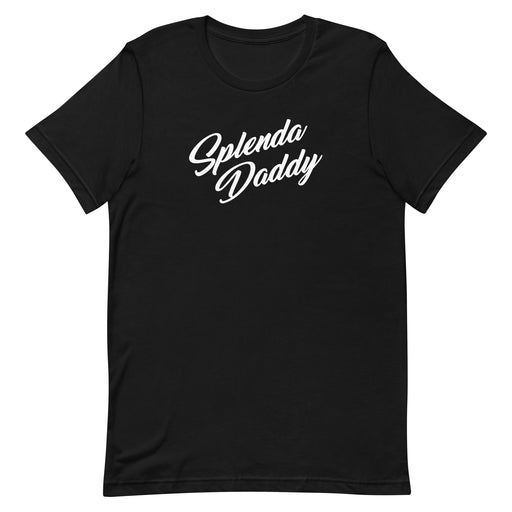 Black T-shirt with 'Splenda Daddy' in elegant script font, blending humor with style.