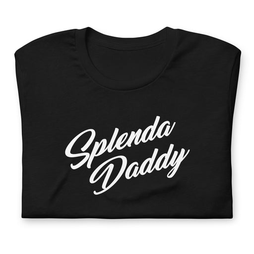 Folded black T-shirt with 'Splenda Daddy' in elegant script font, blending humor with style.