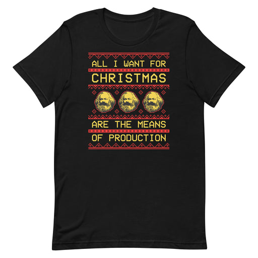 Black t-shirt with "All I Want for Christmas Are the Means of Production" text and Karl Marx pattern, styled like a Christmas sweater.