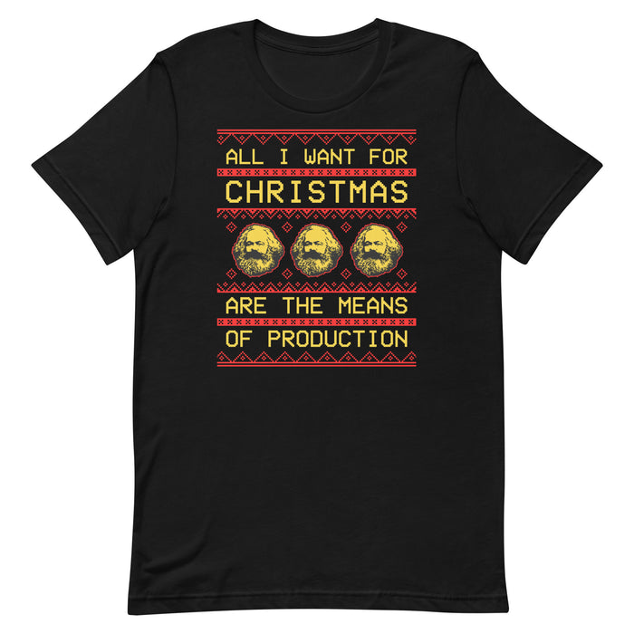 Black t-shirt with "All I Want for Christmas Are the Means of Production" text and Karl Marx pattern, styled like a Christmas sweater.