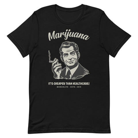 Black retro-style T-shirt featuring a man smoking a joint with the text 