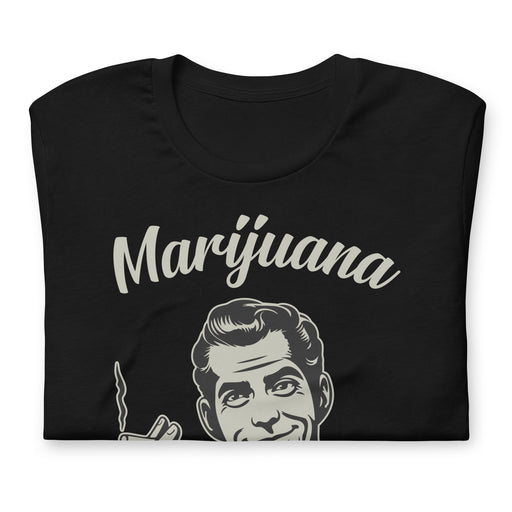 Folded black retro-style T-shirt featuring a man smoking a joint with the text "Marijuana: It's Cheaper Than Healthcare!"