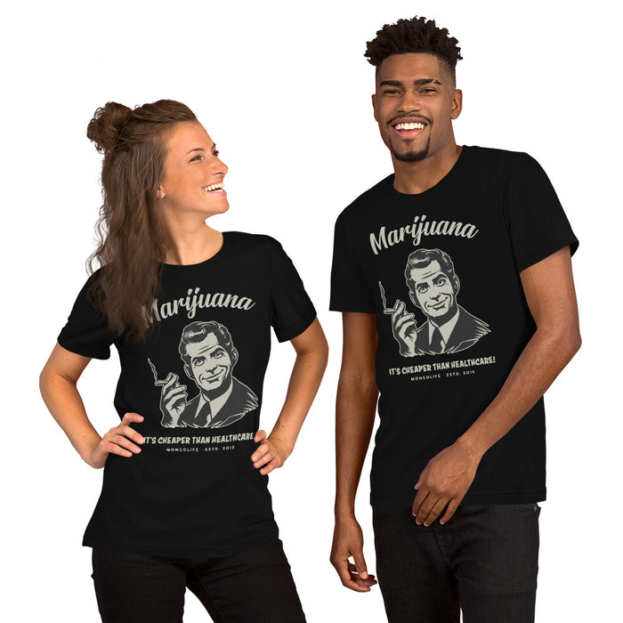 Couple wearing black retro-style T-shirts featuring a man smoking a joint with the text "Marijuana: It's Cheaper Than Healthcare!"