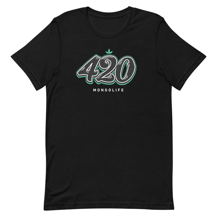 Black T-shirt featuring the number "420" in graffiti-style brush lettering, inspired by cannabis culture.