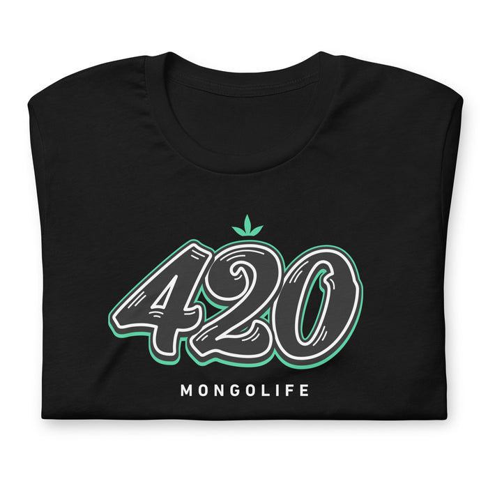 Folded black T-shirt featuring the number "420" in graffiti-style brush lettering, inspired by cannabis culture.
