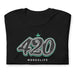 Folded black T-shirt featuring the number "420" in graffiti-style brush lettering, inspired by cannabis culture.