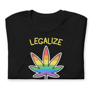 Folded black Legalize Gay Weed T-shirt with vibrant print advocating LGBTQ+ rights and cannabis legalization.