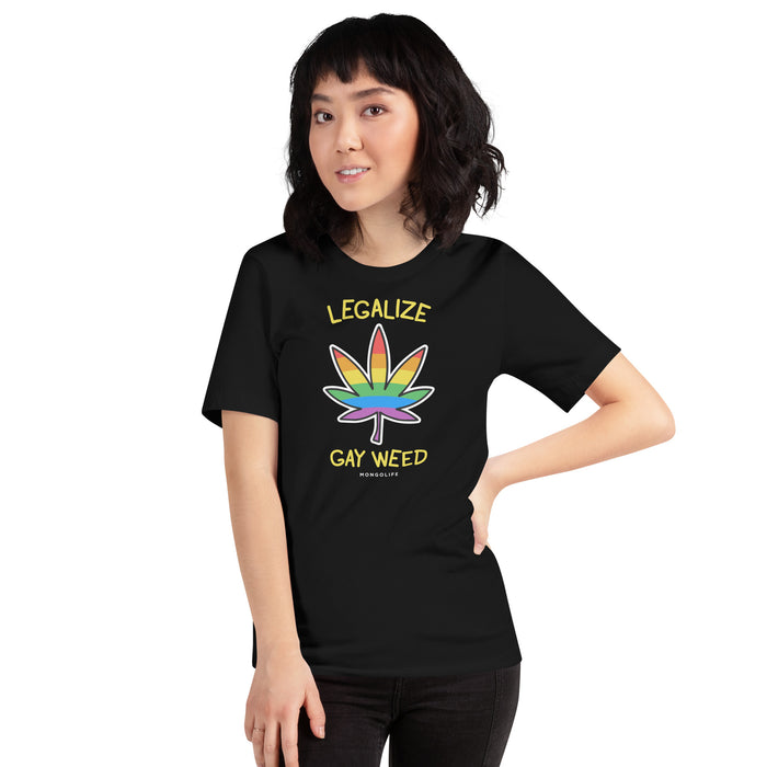 Woman wearing a black Legalize Gay Weed T-shirt with vibrant print advocating LGBTQ+ rights and cannabis legalization.